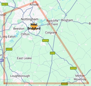 Nottingham and its surrounding area - We are in West Bridgford, the big star on the map